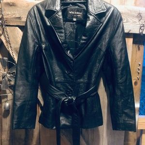 Wilsons black leather coat, mid length size medium